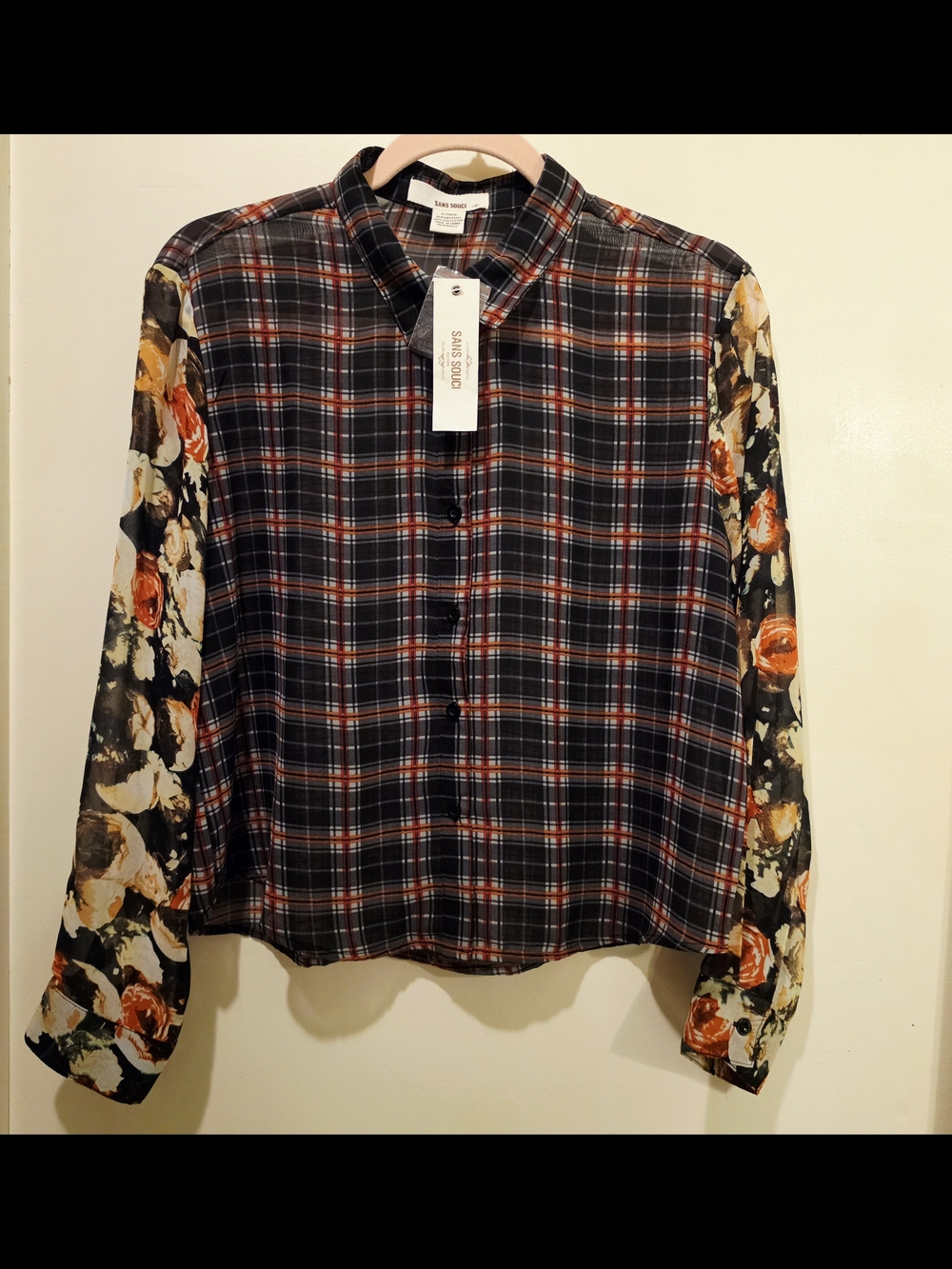 NWT Sans Souci Mixed Media Plaid & Floral Crop Button Down Blouse